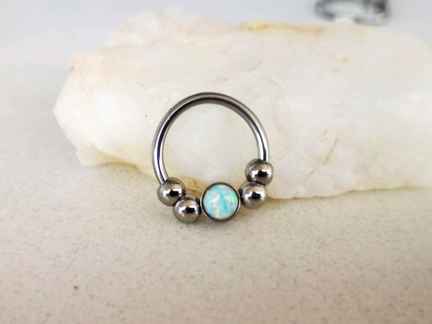 2 in 1 Silver Captive Bead Ring with White Opal