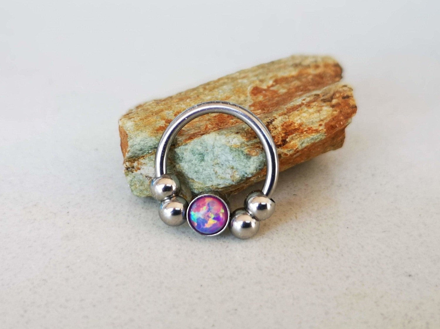 2 in 1 Silver Captive Bead Ring with Purple Opal