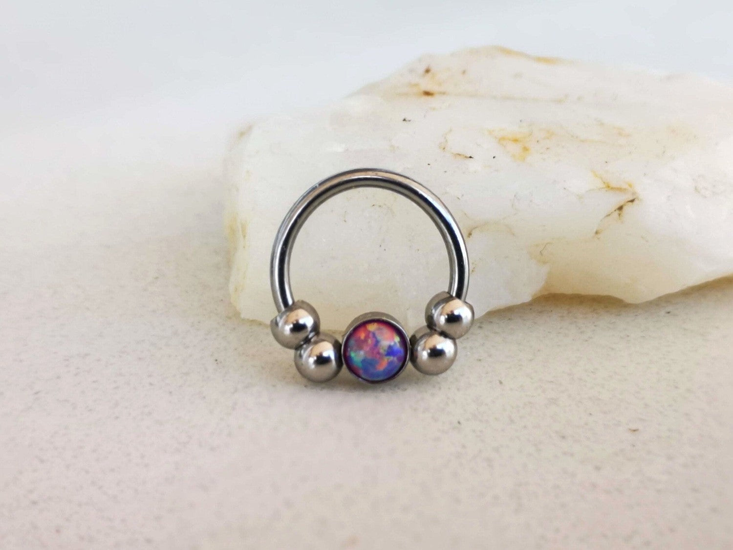 2 in 1 Silver Captive Bead Ring with Purple Opal