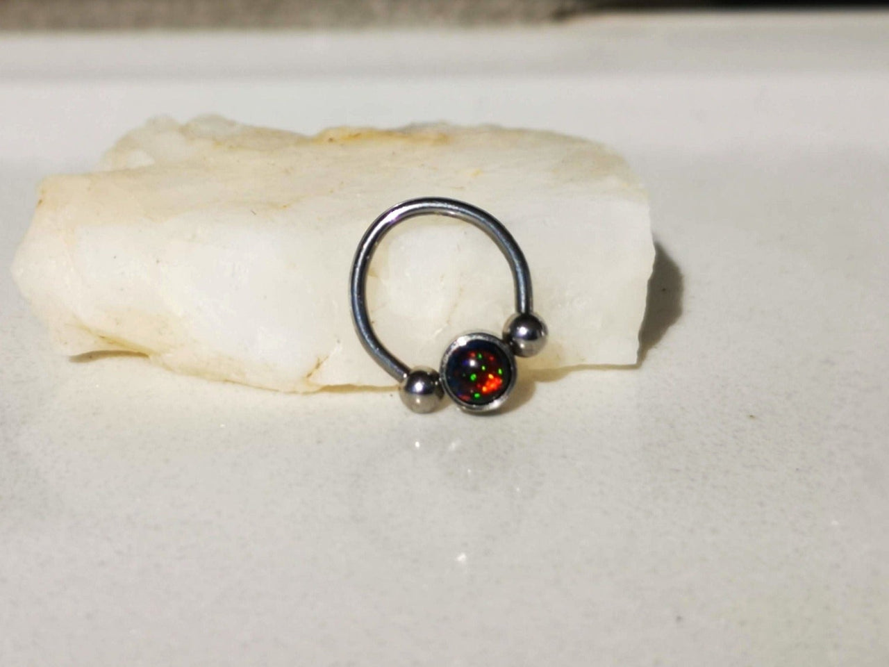 2 in 1 Silver Captive Bead Ring with Black Opal