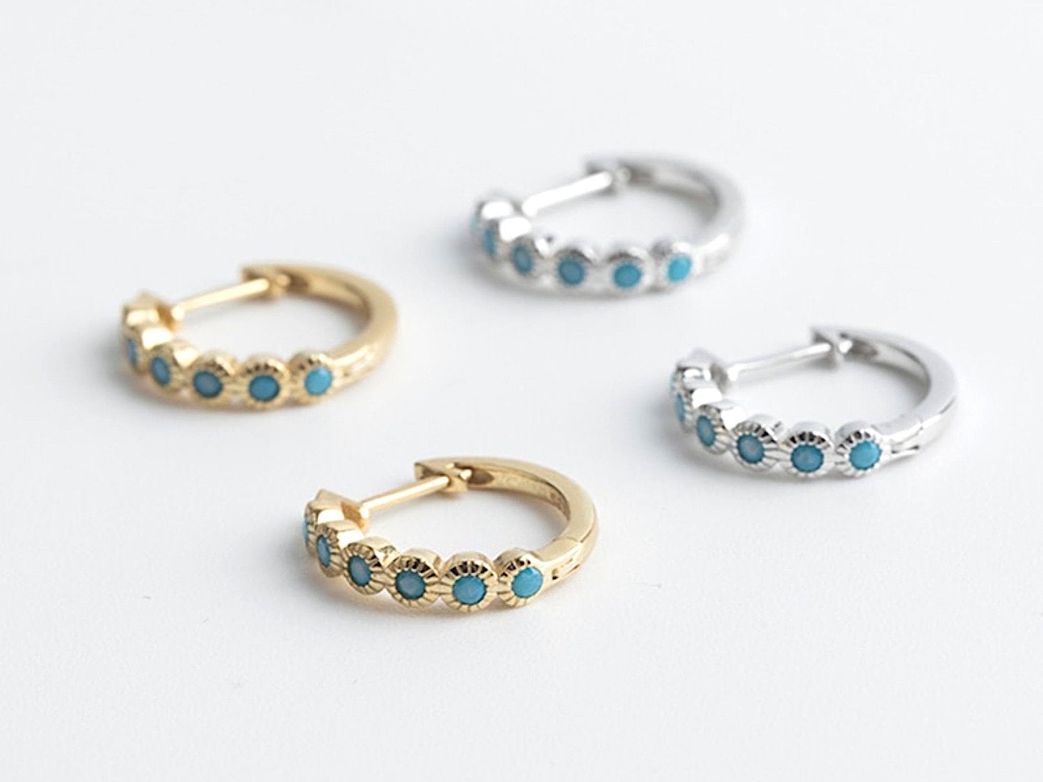 2 Pairs of Small Silver and Gold Hoop Earrings with Turquoise Stones