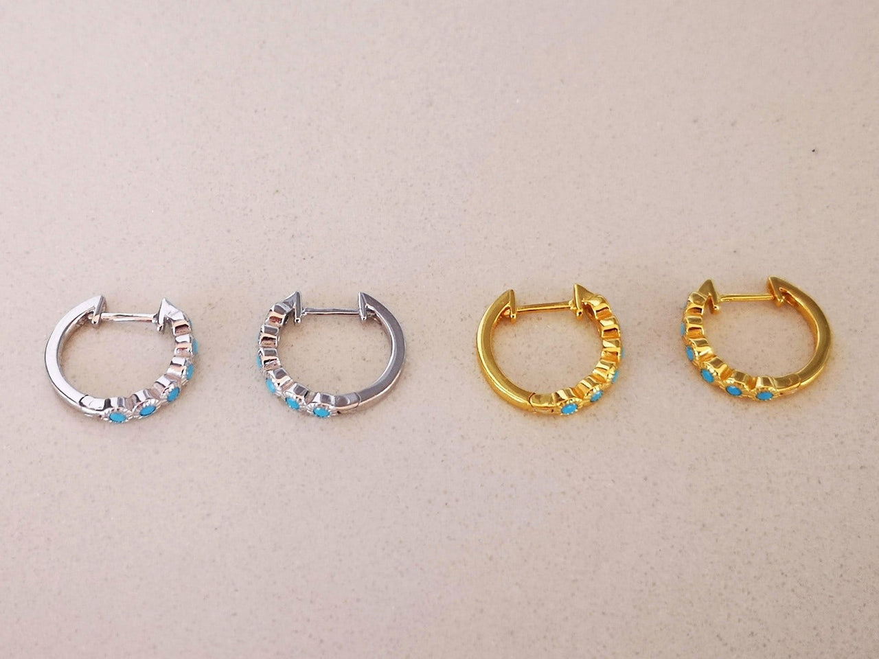 2 Pairs of Small Silver and Gold Hoop Earrings with Turquoise Stones