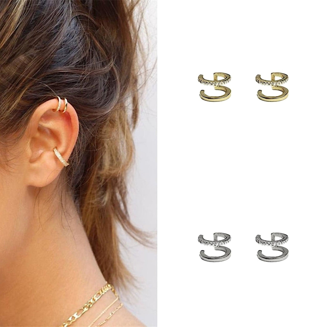 2 Pairs of Double Huggie Ear Cuffs with CZ Crystals