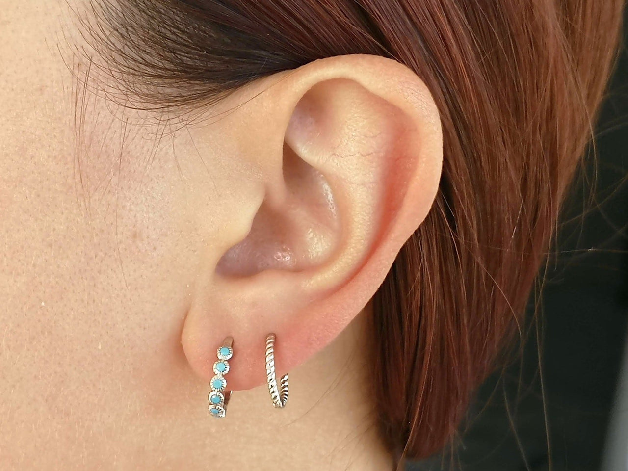 2 Pairs of Small Silver and Gold Hoop Earrings with Turquoise Stones